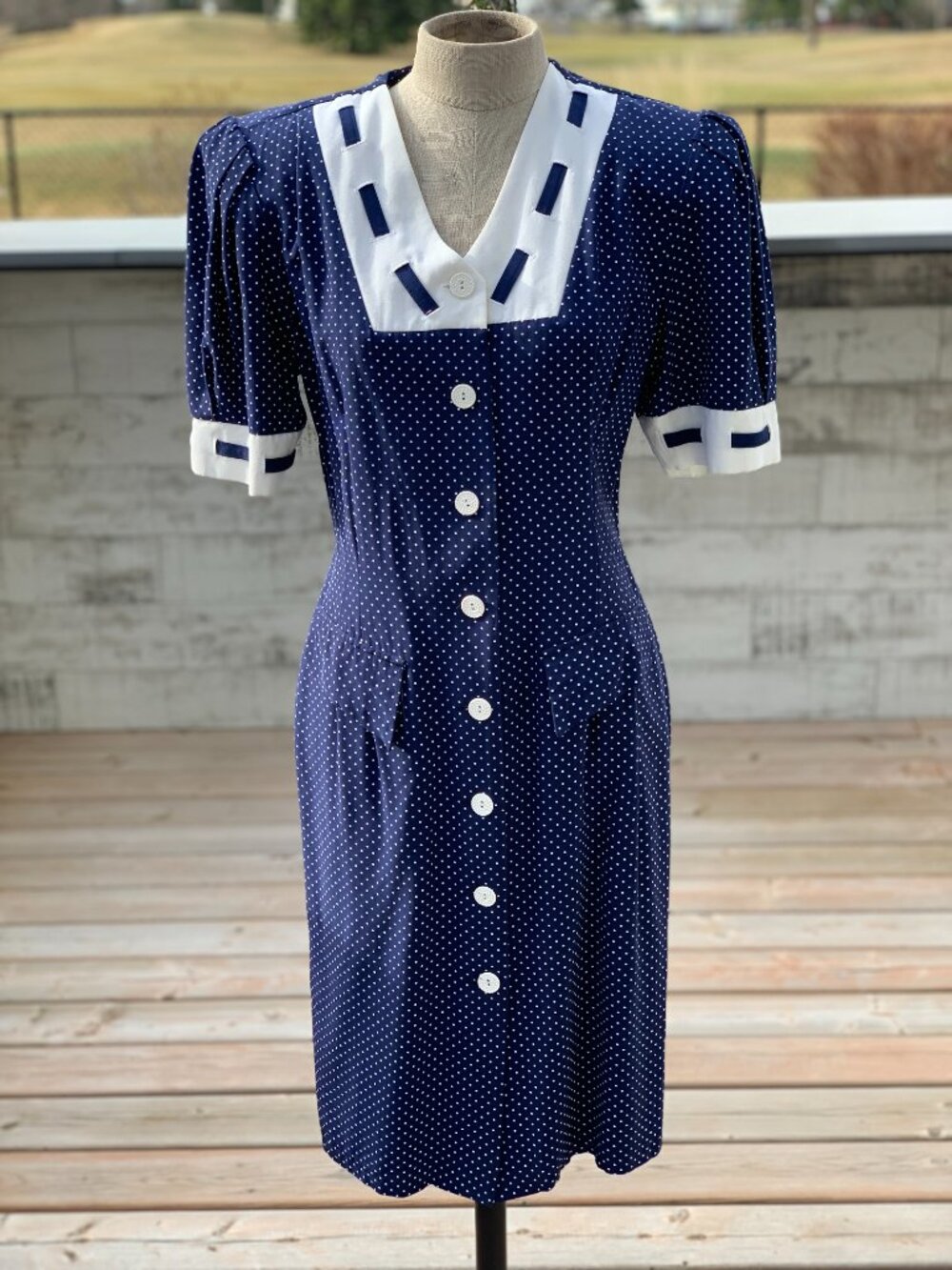 Vintage Polka Dot Shirtwaist Dress S/M Navy White Button Modest Rockabilly Pinup - Picture 4 of 16